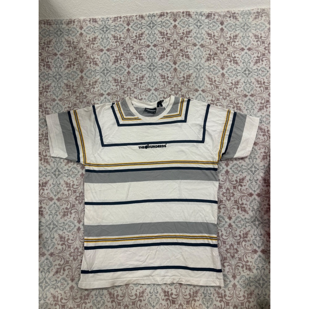The Hundreds Mens Large Striped Short Sleeve T-Shirt White Grey Navy Yellow